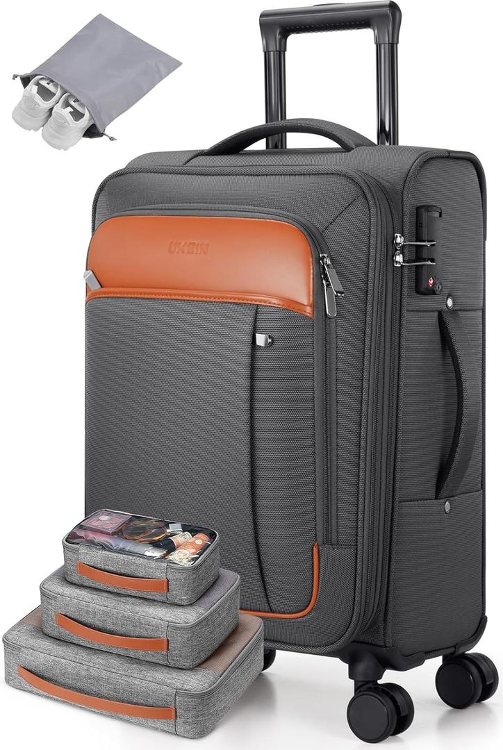 UKEIN Expandable Carry On Luggage 22x14x9 Airline Approved, 20Inch Softside Carry On Suitcase with Wheels & TSA Lock, Travel Suitcase with 4-Piece Packing Bags for Women Men (Grey, Carry on 20in)