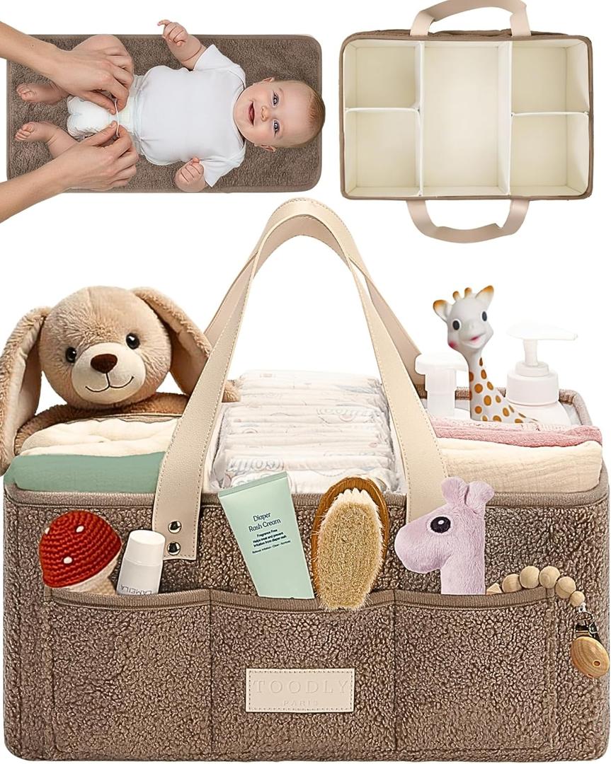 Baby Diaper Caddy Organizer with Portable Changing Mat - Teddy Fleece Diaper Organizer for Changing Table - Basket for Changing Essentials - Baby Essentials Organizer with Removable Dividers, 4/ Taupe Diaper Caddy with Changing Pad