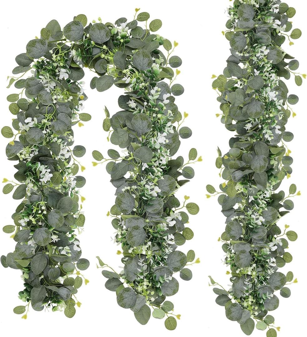 N&T NIETING 2 Pack Artificial Eucalyptus Garland with Flowers, Faux Greenery Garland Decor 6FT Eucalyptus Vines, Fake Hanging Vines Summer Garlands for Mantle Wedding Backdrop Mothers Day Decorations