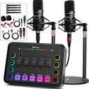 Podcast Equipment Bundle for 2, RGB Audio Interface with XLR Condenser Microphone, and 3.5mm Mic, Mute,48V Phantom Power for Streaming,Gaming,Recording-Black (H1)