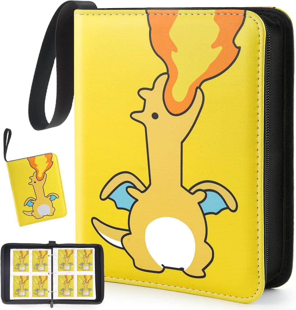 Premium Trading Card Binder 400 Pockets Card Holder With 50 Removable Sleeves, Collection Binder Album Book With Zipper For Game Cards (01 Fire Dragon)