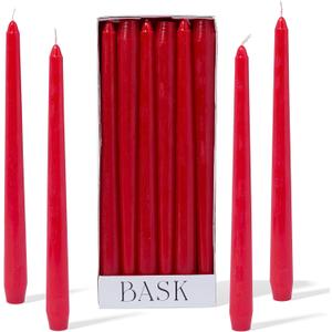 Bask 10-inch Taper Candles - Unscented and Dripless - Burns for 8 Hours - Home Decor for Dinner Table, Kitchen, and Bedroom - Perfect for a Romantic Date or Anniversary - 12-Pack - Red