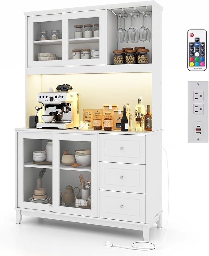 73” Kitchen Pantry Storage Cabinet, Buffet Hutch w/Power Outlets & Led Lights, Tall Cupboard w/Wine Glass Racks, Adjustable Shelves, Drawers, Microwave Stand for Dining Room (White)