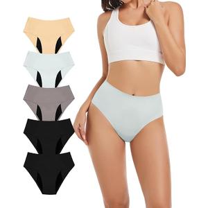 TIICHOO Period Underwear Heavy Flow High Waisted Period Bikini Panties Leakproof Underwear Briefs Pack of 5, XS