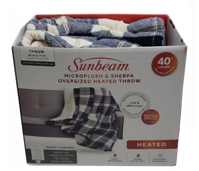 Sunbeam Microplush Sherpa Electric Heated Throw Blanket-Black/White Plaid 60×70"