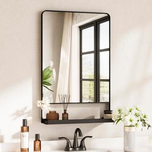 TETOTE Black Metal Framed Vanity Mirror with Shelf for Wall, 18x28 Inch Rounded Rectangle Mirror for Wall, Matte Black Bathroom Vanity Mirror, Bathroom Mirror for Farmhouse, Living Room, Bedroom