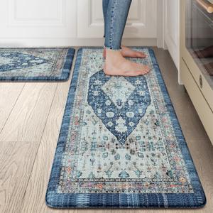 Collive Boho Kitchen Rugs Set of 2 Non Skid Kitchen Mats for Floor Cushioned Anti Fatigue Kitchen Floor Mats Waterproof Comfort Heavy Duty Foam Mats for Standing Desk Sink Laundry, 17"x30"+17"x47" (Dark Blue)