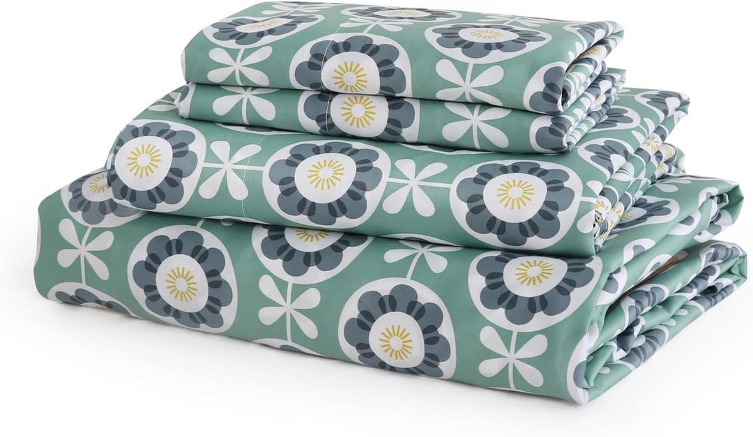 JSD Green Floral Cotton Sheet Set King, 300 Thread Count Printed Sateen Sheets, Soft Breathable Cooling Bed Sheets Deep Pocket