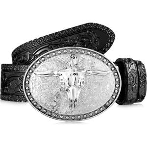 Xuniea Western Belt for Men Longhorn Cowboy Leather Buckle Belt Floral Engraved (45 Inch, Black)