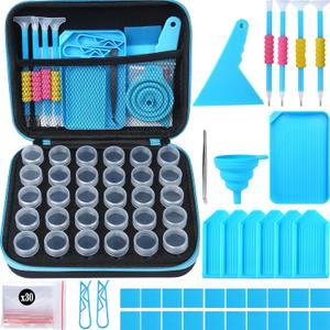 Blue Diamond Art Painting Storage Containers, 30 Slots Diamond Art Painting Accessories and Tools,Storage Case with Shockproof Jars for Beads Jewelry DIY Craft