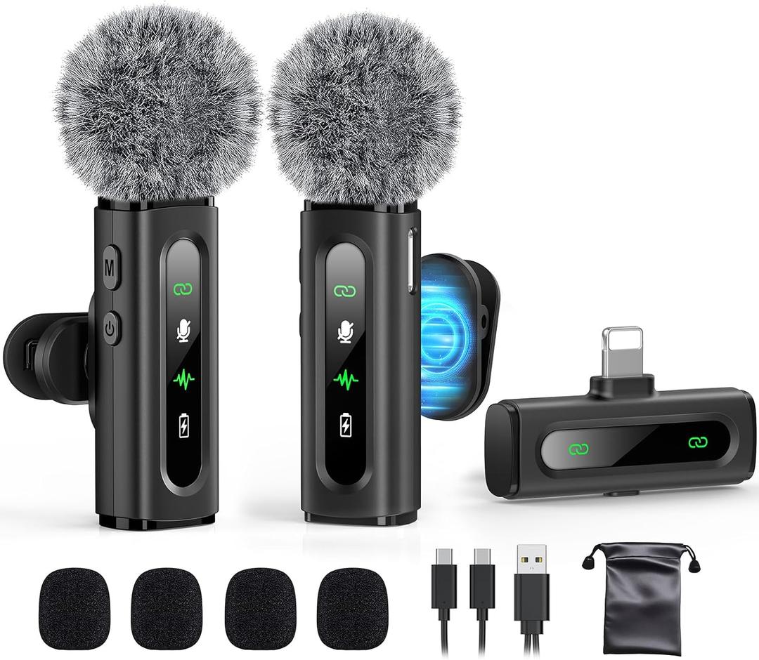 Wireless Lavalier Microphone for iPhone Recording Clip-on Mini Mic for iPhone/for iPad Video Recording with Rotatable Clip&Denoise Recording, Portable Mic Set for Content Creators (Without Charging Case, Matte Black)