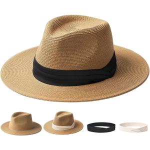 FURTALK Panama Hat Sun Hats for Women Men Wide Brim Fedora Straw Beach Hat UV UPF 80+ (Large-X-Large, Black+white Ribbon)