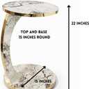Luxury C Shaped Golden Effect Side Table with Wheels, Premium Faux Marble Round End Table with Gold Trim Edge, Elegant Slide Under Couch, Sofa for Living Room Small Spaces (White Marble)