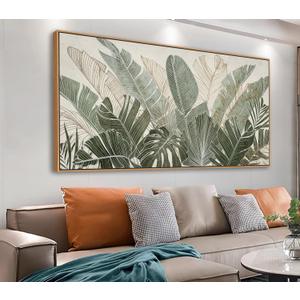 tigeridge Framed Canvas Wall Art - Tropical Green Leaf Pictures Banana Leaves Outlined in Green and Taupe Wall Decor Nature Botanical Painting Prints Artwork Home Office 20" x 40" Natural Frame