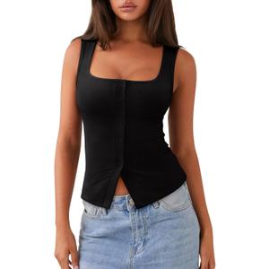 REORIA Womens Going Out Tops Cute Ribbed Button Down Square Neck Sleeveless Vest Crop Tank Top (Black, S)