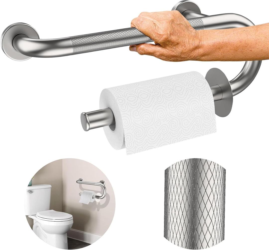 Toilet Grab Bars 16 Inch - Toilet Paper Holder Grab Bar Stainless Steel Knurled Toilet Grab Bars for Seniors Bathtub Bathroom Rails for Elderly Safety Balance Support, Brushed Nickel