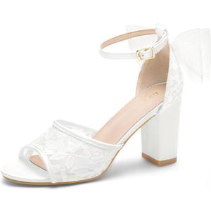 Perphy Lace Open Toe Bow Ankle Strap Block Heel Sandals for Women (8, White)