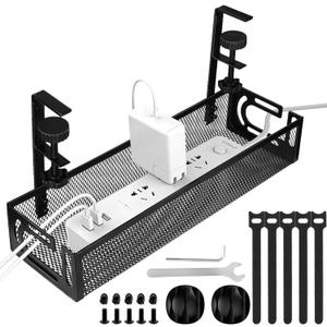 Under Desk Cable Management Tray, Cable Management Under Desk No Drill, Wire Management Tray with Clamp, Cord Organizer for Home Office, Black (15.3'' (1 Pack))