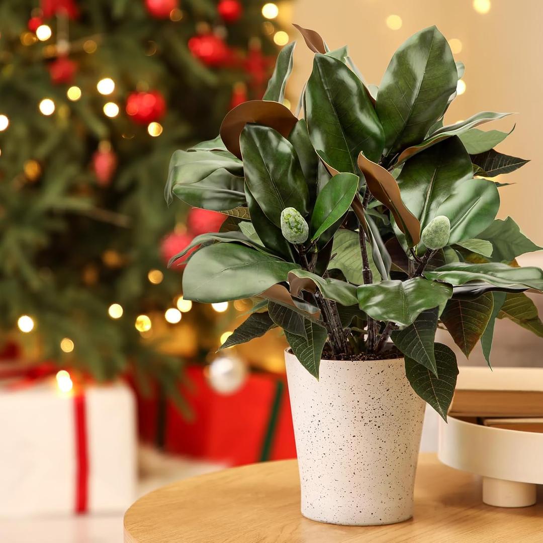 2 Pcs Magnolia Artificial Leaves Branches 32 Inch 3D Real Touch Pick with Fruit Faux Magnolia Stems Fake Twigs for Indoor Outdoor Vase Home Wedding Floral Arrangement Decoration