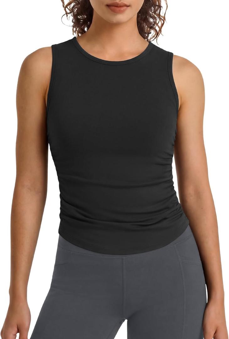 G4Free BareFeel Workout Yoga Tank Tops Ruched Sleeveless Athletic Tanks High Neck Pilates Top, (Black, Large)
