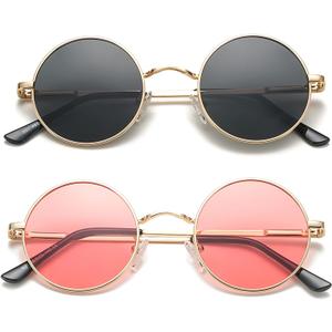 COASION Retro Small Round Polarized Sunglasses for Women Men Circle UV400 Sun Glasses (C4* Gold/Grey + Gold/Clear Pink - 2 Pack)