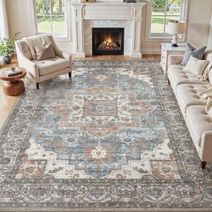 9x12 Area Rugs Living Room: Washable Vintage Rug Large Non-Slip Stain Resistant Ultra Soft Low Pile Pet Kids Friendly Carpets for Bedroom Dining Room Nursery Home Office Decor - Blue Brown