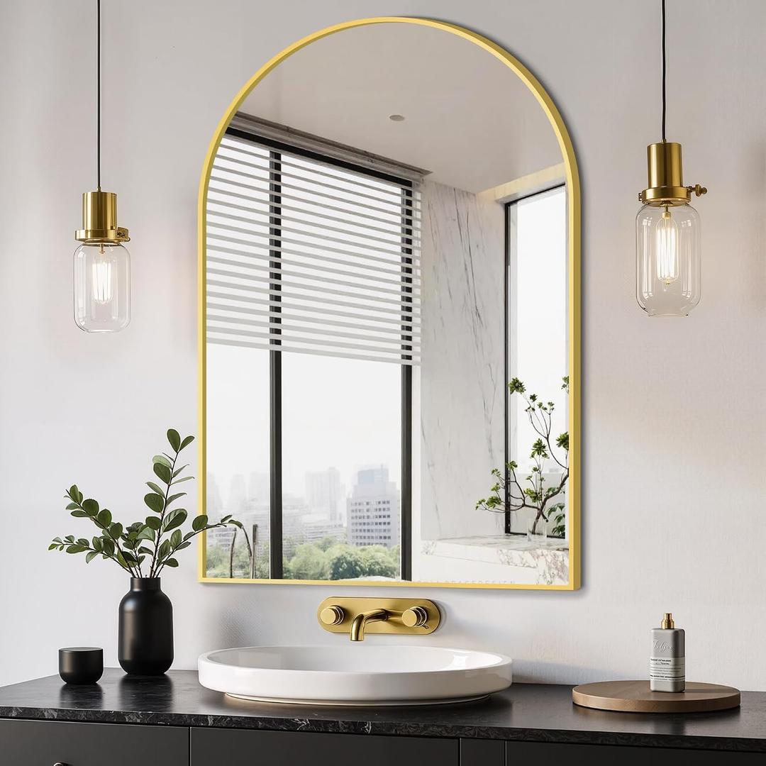 Delma Arched Bathroom Mirror, 24"x36" Wall Mounted Vanity Mirror for Bedroom, Living Room and Entryway, Gold