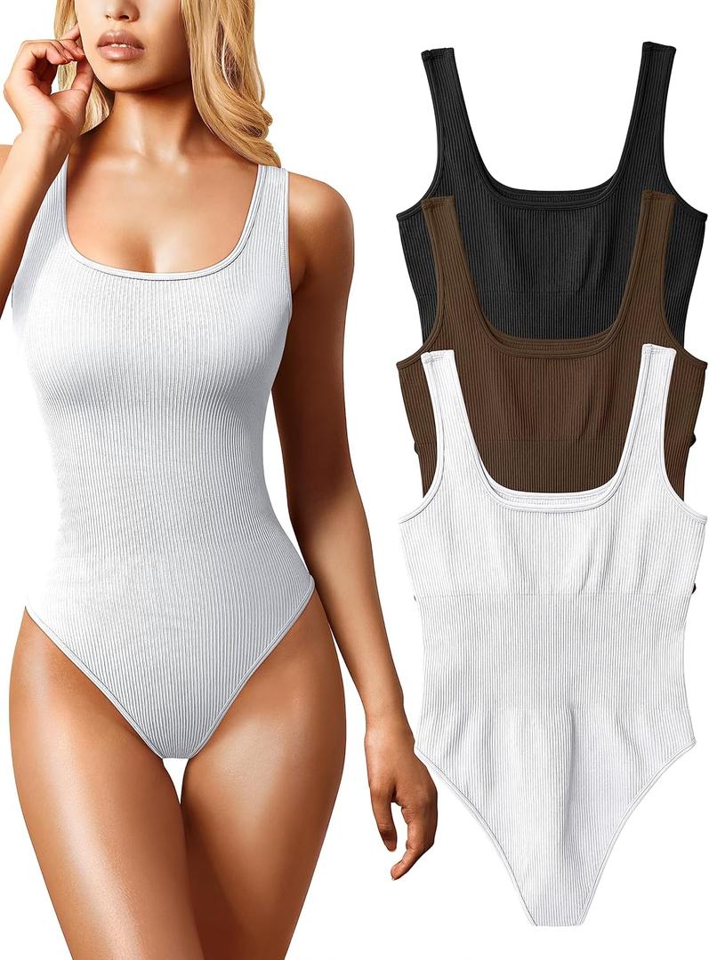 OQQ Women's 3 Piece Bodysuits Sexy Ribbed Sleeveless Square Neck Tank Tops Leotard 2025 Trendy Outfits (Black Coffee White, S)