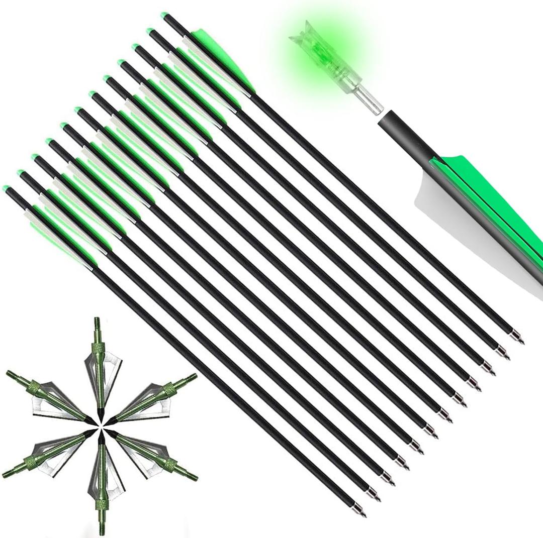 TOPARCHERY Crossbow Bolts 20 Inch 12 pcs with 6pcs Lighted Nocks and 6pcs Replaced Broadheads Set, Carbon Crossbow Arrows for Practice Outdoor Hunting (Green)