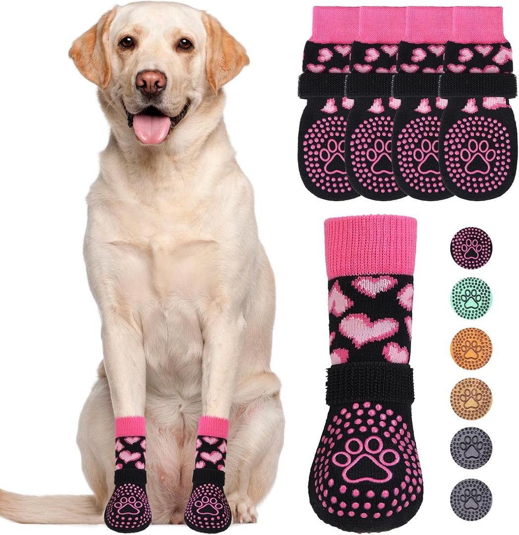 KOOLTAIL Valentines Dog Socks Shoes Costume to Prevent Licking Paws, Winter Dog Boots & Paw Protector for Hardwood Floors Anti Slip,Traction Control Grip Booties for Small Medium Large Senior Dogs, SM (Heart Rose Pink)