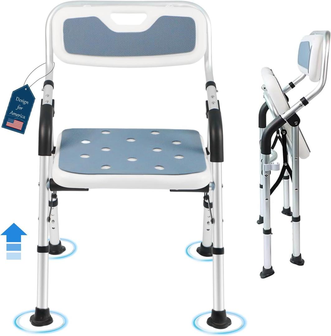 Shower Chair for Elderly & Disabled, Folding Shower Chair Seat with Arm and Back, Inside Shower Chair, Foldable Bathroom Chairs for Sitting, Portable for Travel - Collapsible, Compact & Comfortable