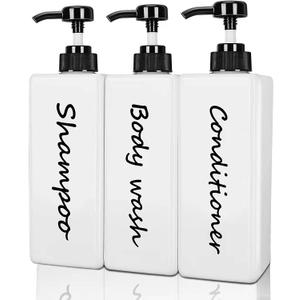 Shampoo and Conditioner Dispenser (Set of 3, 21oz) Modern Refillable Shampoo Pump Bottles for Shower Soap - Empty Body Wash Dispenser Set for Bathroom (Black)