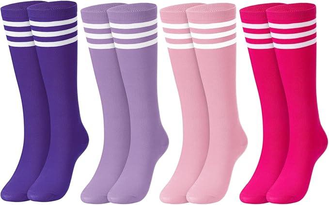 Jeyiour 4 Pairs Women Knee High Socks for Women Soccer Football Softball Stripe Tube Socks Gifts for Cheerleader