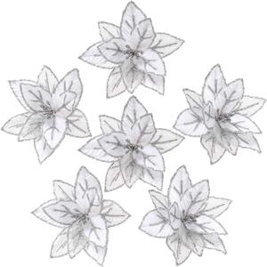 Sea Team 12-Pack Artificial Glitter Poinsettia Christmas Flower Ornaments Tree Decorations, 6.5-inch, Silver