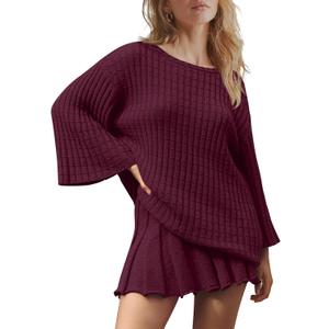 LAMISSCHE Womens Lounge Set Oversized 2 Piece Sweater Skirt Sets Long Sleeve Knit Top Pleated Skirts (X-Large, Ancora Red)