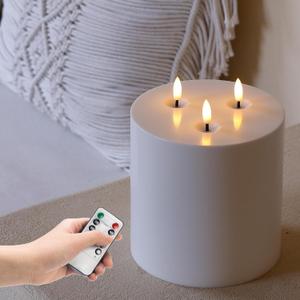 6" x 6" Extra Large Outdoor Waterproof Flameless Candle with 3 Wick, White Plastic Battery Operated LED Candle with Remote and Timer, Flickering Fake Pillar Candles for Garden Patio Porch Home Party