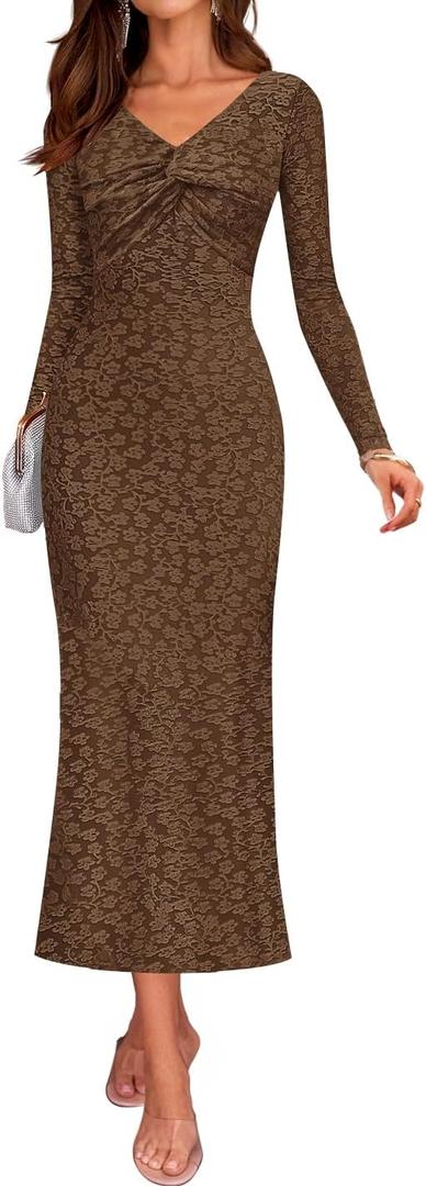 ZESICA Women's Fall Floral Long Sleeve Bodycon Dress 2026 Elegant V Neck Cocktail Party Long Midi Dresses (Brown)