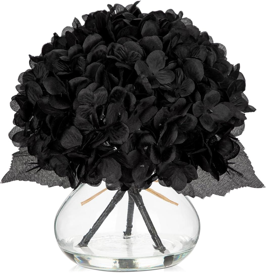 Hollyone Hydrangea Fall Flowers Artificial for Decoration with Glass Vase Black Silk Faux Flowers Arrangements in Vase with Faux Water Fake Floral Bouquet Table Centerpiece Halloween Home Decor