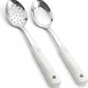 Stainless Steel Serving Spoon Set with Non-Slip Silicone Handles, 2-Piece Serving Spoon and Perforated Spoon, Home Kitchen, Parties & Daily Use (Beige)