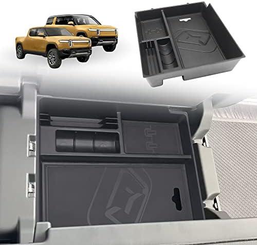 TripleAliners for Rivian R1T & R1S Armrest Organizer Center Console Storage Tray with Leather Trim Interior Accessories Compatible with Rivian R1T/ R1S 2022 2023 (Leather Black)