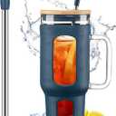 Glass Tumbler with Lid and Straw, 46 oz Iced Coffee Cup with Handle, Large Water Bottles with Silicone Sleeve, Glass Cup with Straws - Pearl Straw & Drinking Straw BPA Free-Blue