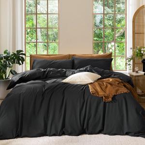 MooMee Bedding Duvet Cover Set 100% Washed Cotton Linen Like Textured Breathable Durable Soft Comfy (Solid Black, Cal King 104"x98")