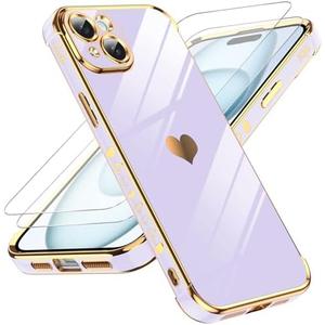 LeYi for iPhone 15 Plus Case: with Tempered Glass Screen Protector [2 Pcs]+ Full Camera Lens Protection,Love Heart Plating Girly Cute Luxury Soft TPU Shockproof Case for iPhone 15 Plus,Purple, Pack 4