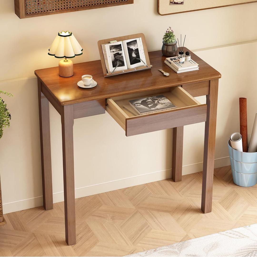 Solid Wooden Desk with Drawers - 32 x 16 Inch Narrow Desks, Rubberwood Mid Century Modern Desks, Small Writing Desk for Bedroom|Small Spaces - Walnut Color, 31.5 in W x 15.7 in D