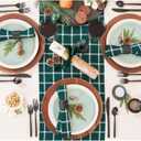 Solino Home Linen Table Runner 120 Inches Long - 100% Pure Linen Windowpane Dark Green Table Runner 14 x 120 Inch for Dining, St Patricks Day, Easter, Winter