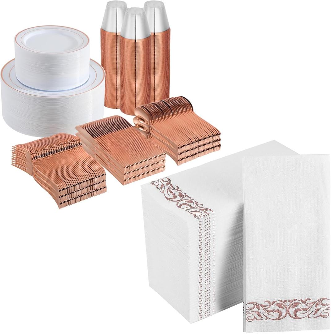 700 Piece Rose Gold Disposable Dinnerware Set for 100 Guests, Rose Gold Rim Plastic Plates, 100 Dinner Plates 100 Dessert Plates, 100 Plastic Silverware Set, 100 Cups, 100 Rose Gold Napkins