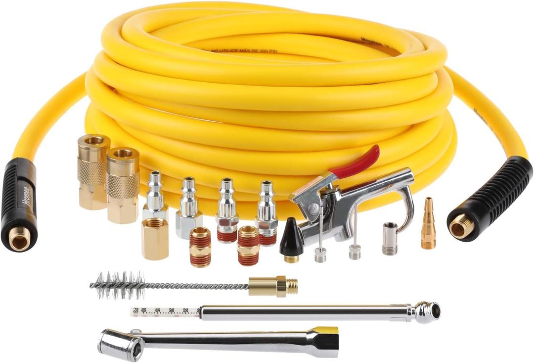 Hromee 19 Pieces Air Compressor Accessories Kit with 3/8 Inch x 25FT Hybrid Hose, 1/4 Inch NPT Quick Connect Fittings, Air Blow, Tire Gauge and Wire Brush