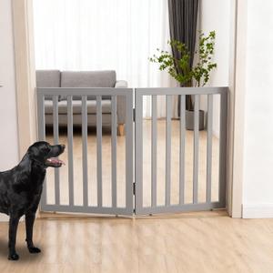 ZJSF Freestanding Indoor Dog Gate for House Foldable Wood Grey Puppy Gate for Doorways Pet Gate for Stairs Extra Wide Pet Fence 24" Height 2 Panels (Gray)
