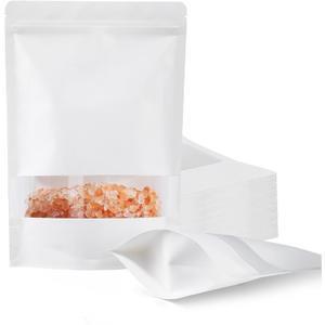 FireKylin 100 Pcs White Paper Bags with Window, 5.5" x 7.9" Stand Up Pouches, Zipper Food Storage Bags for Packaging Products, Reusable, Sealable