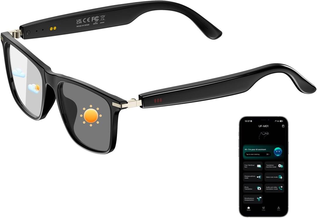 AI Smart Glasses for Men & Women, Photochromic AI Translation Glasses, Support 165+ Languages, Touch Control & IPX5 Waterproof, Multifunctional Bluetooth glasses, Travel Meeting Business Trade(Black)